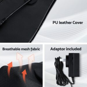 Three-part promotional collage for Livemor massage device showing PU leather cover with power cord, breathable mesh fabric with airflow arrows, and included adaptor with coiled cord, emphasizing comfort, ventilation, and complete accessory set