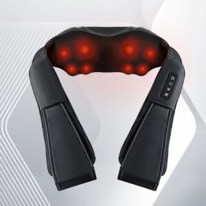 Black Livemor neck and shoulder massager with U-shaped design and glowing red infrared massage nodes, control panel on arm strap with four buttons, set against abstract curved-line background emphasizing modern therapeutic design