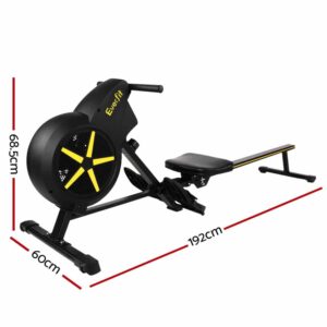 side view of Everfit rowing machine featuring black frame with yellow accents, flywheel, seat, footrests, and rail, with labeled dimensions of 192cm length, 60cm width, and 68.5cm height