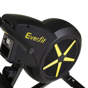 close-up of Everfit air resistance rowing machine showing black flywheel casing with yellow star-pattern grill, handlebar, digital display, and resistance knob