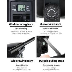 four-section graphic showing rowing machine features: LCD screen with time and RPM metrics, 8-level resistance dial, wide rowing beam with adaptable grips, and durable pulling strap for smooth motion
