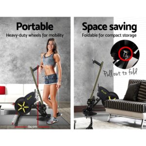 split image showing Everfit fitness machine upright with heavy-duty wheels for mobility and folded next to couch for space-saving storage, inset highlights pull-out folding mechanism