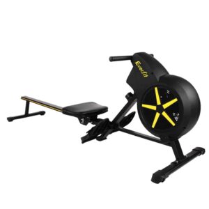 sleek Everfit indoor rowing machine featuring black frame with yellow accents, footrests with straps, sliding seat on long rail, and front flywheel mechanism for full-body cardio workouts