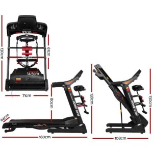 multi-angle view of Home Gym treadmill showing front, side, and folded dimensions including 160cm length, 71cm width, 130cm height, with console and massage attachments for versatile home workouts