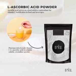 Product advertisement for Orku L-Ascorbic Acid Powder showing black and white pouch labeled 100% Ascorbic Acid, inset image of hand adding spoonful of powder into glass of orange liquid, background featuring close-up of crystalline powder, highlighting pharmaceutical grade vitamin C for food and beverage fortification