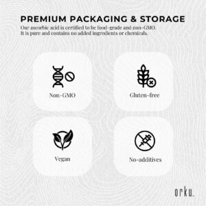 Promotional graphic for Orku Vitamin C Powder highlighting premium packaging and storage, with icons for Non-GMO, Gluten-free, Vegan, and No-additives, set against textured background and emphasizing food-grade purity with no added ingredients or chemicals