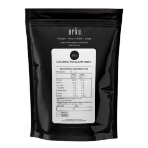 Black pouch labeled Orku Organic Psyllium Husk with front panel showing nutrition facts, ingredients, and allergen advisory, branded with Strength, Power, Vitality, Energy, highlighting organic fiber content and gluten warning, packed in Australia