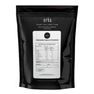 Black Orku pouch labeled Organic Maca Powder with white label showing nutrition facts, Strength Power Vitality Energy tagline, and packing details from Sumner QLD, Australia with note on imported ingredients