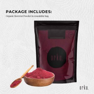 Orku resealable pouch labeled Organic Beetroot Powder with red contour design and black circle branding, placed beside wooden bowl and spoon filled with vibrant red powder, showcasing natural texture and rich color