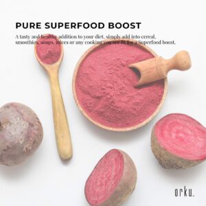 Wooden bowl filled with vibrant red beetroot powder, wooden scoop and spoon resting on powder, surrounded by whole and halved beets on white surface, promotional text highlighting superfood benefits and versatile dietary use