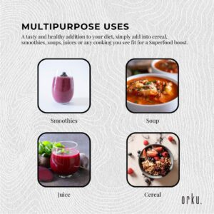 Promotional graphic titled MULTIPURPOSE USES showing four food items—purple smoothie with blueberries, tomato-based soup with herbs, red juice with beetroot and mint, and cereal topped with mixed berries—highlighting Orku superfood powder versatility