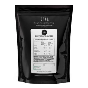 Black resealable pouch labeled Orku Beetroot Powder with front panel showing nutrition facts, ingredients, storage instructions, and allergen advisory, branded with Strength, Power, Vitality, Energy, and packed in Australia