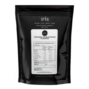 Orku black pouch labeled Organic Wheatgrass Powder with nutrition panel showing 30g protein and 1100kJ energy per 100g, branded with Strength, Power, Vitality, Energy, packed in Australia from imported ingredients