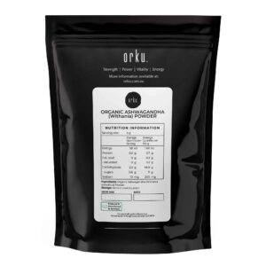 Orku black pouch labeled Organic Ashwagandha (Withania) Powder with tagline Strength | Power | Vitality | Energy, nutrition panel showing per 5g and per 100g values, website orku.com.au displayed, sleek supplement packaging