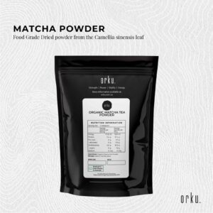 Orku black pouch labeled Organic Matcha Tea Powder with Camellia sinensis leaf, featuring full nutrition panel including 30g protein, 38g carbs, 420mg calcium, and 17mg iron per 100g, QR code and branding for strength, power, vitality, and energy