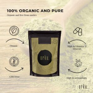 Orku matcha product display with black and gold pouch, green powder background and wooden spoon, icons highlighting Organic, GMO Free, High in Vitamins & Minerals, and High in Antioxidants, with branding and purity claims