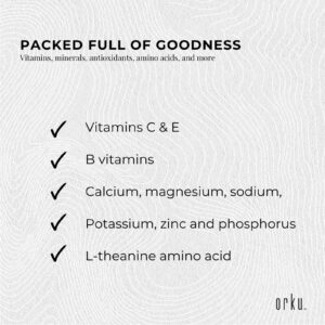 Promotional graphic with textured background showing Orku branding and checklist of nutrients including Vitamins C & E, B vitamins, calcium, magnesium, potassium, zinc, phosphorus, and L-theanine amino acid