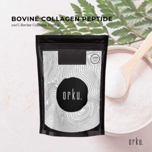 Orku Bovine Collagen Peptide package with black and white topographic design, central orku branding, labeled 100% Bovine Collagen Peptide, shown with bowl of white powder and wooden spoon, fern leaves in background for natural aesthetic