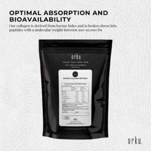 Orku Bovine Collagen Peptides black pouch with white label showing nutrition panel, text highlights 500–10,000 Da peptide weight for absorption, 90.6g protein per 100g, zero fat and carbs, marketed by Orku Labs India