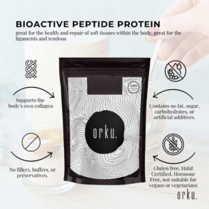 Orku Bioactive Peptide Protein packaging with black minimalist design and contour lines, central orku branding, icons and text highlighting benefits for ligaments, tendons, and collagen support, gluten free, halal certified, hormone free