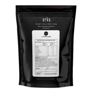 Orku black resealable pouch labeled L-CITRULLINE with branding and benefits including Strength, Power, Vitality, and Energy, nutrition panel showing 0 kJ energy and 100% pure citrulline, website orku.com.au displayed