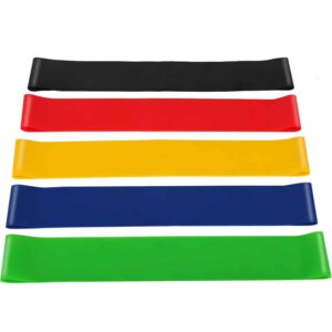 5-piece latex workout bands set with color-coded resistance levels for glutes, legs, and full-body training