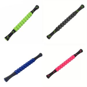 set of four massage sticks with ergonomic handles and textured roller segments, shown in green, black, blue, and pink color combinations for muscle relief and recovery