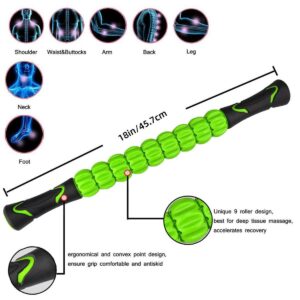 Green and black massage roller stick with ergonomic handles and nine convex rollers, labeled as 18in/45.7cm, surrounded by circular illustrations showing target areas including shoulder, waist, arm, back, leg, neck, and foot
