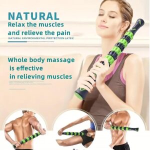 Promotional image showing person using green and black massage stick on upper body, with three smaller circular images demonstrating use on back, legs, and arms, and overlay text about natural latex and muscle pain relief