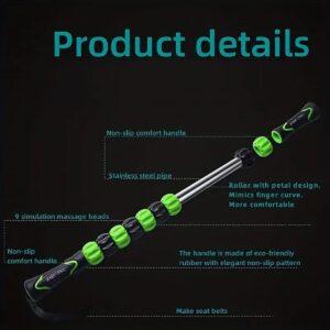 Labeled diagram of massage roller stick showing green and black petal-shaped beads, stainless steel pipe, and eco-friendly non-slip rubber handles, with annotations for comfort, simulation, and ergonomic design