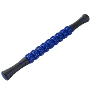 Handheld massage roller stick with blue rounded textured rollers and black ergonomic handles with blue accents, designed for deep tissue massage and muscle recovery