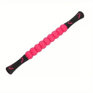 Handheld massage roller stick with pink textured rolling beads and black handles, designed for deep tissue massage and muscle recovery