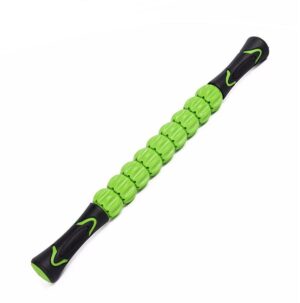 Green and black massage roller stick with textured green rollers and ergonomic black handles, designed for deep tissue massage and muscle recovery