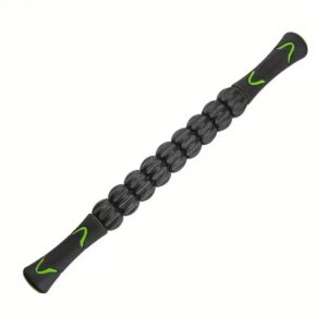Handheld massage roller stick with black textured rotating rollers and black handles featuring green accents, designed for muscle therapy and recovery