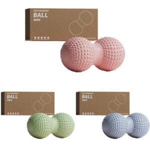 three duo massage balls in pink, green, and blue with raised bump texture, each placed in front of brown packaging labeled DUO-MASSAGE BALL with Chinese characters and outline illustration