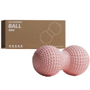 Pink peanut-shaped duo-massage ball with textured raised bumps shown beside brown box labeled DUO-MASSAGE BALL and FULL-BODY MASSAGE