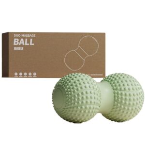 Textured duo-massage ball with two connected spheres and raised bumps shown beside brown box labeled DUO-MASSAGE BALL and FULL-BODY MASSAGE
