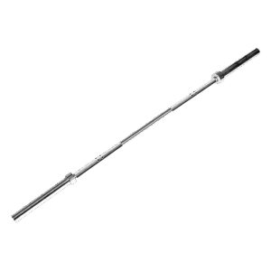 metal Olympic barbell featuring knurled grip sections and rotating sleeves on both ends for smooth weight plate movement, designed for strength training and competitive lifting