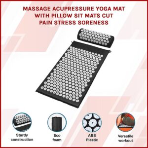 Black acupressure mat and pillow set with white spike discs; orange banner and icons highlight sturdy construction, eco foam, ABS plastic, and versatile workout