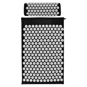 Black acupressure mat and pillow set with evenly spaced white spike discs in symmetrical grid pattern