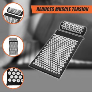 Black acupressure mat and pillow set with white spike discs; inset views show close-ups and top-down layout; orange banner reads “Reduces Muscle Tension”