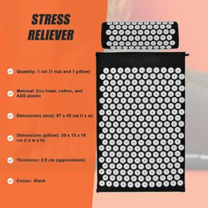 Black acupressure mat and pillow set with white spike discs on orange background; inset text shows dimensions and eco foam material