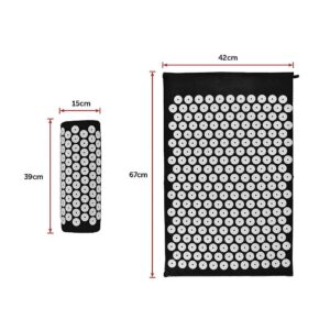 Two black acupressure mats with white spike discs; large mat 67x42cm, small mat 39x15cm, shown with red dimension arrows