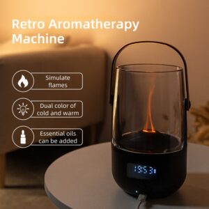 retro-style aromatherapy diffuser with transparent cylindrical body showing simulated flame, black base with digital display, USB-powered, placed on table in cozy indoor setting with sofa and plant