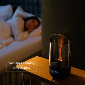 modern flame-style diffuser with transparent top and digital display showing 21:30, placed on wooden bedside table next to sleeping person under white blanket, text Two-speed timing time display, cozy bedroom setting with soft lighting