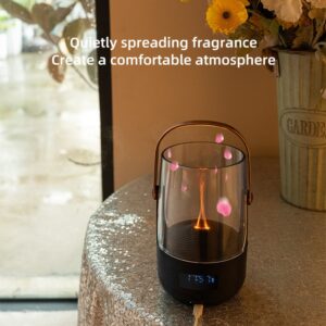 modern cylindrical fragrance diffuser with transparent top and black base, emitting pink petal-like mist and flame-style light effect, digital display showing 7:51, placed on glittery tablecloth near window with rainy background and flower arrangement