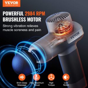 VEVOR massage gun with round head and internal motor graphic, bold orange text highlighting 2984 RPM brushless motor, icons for 8mm deep massage, 18kg thrust, high torque, and low noise, with branding and slogan visible