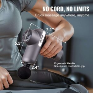 Compact VEVOR LS MINI massage gun with six interchangeable heads and grey zippered carry case, shown with product specs including 2500mAh battery, 5 speed levels, and 8mm amplitude