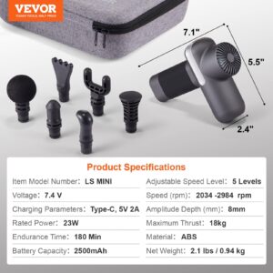 Compact VEVOR LS MINI massage gun with six interchangeable heads and grey zippered carry case, shown with product specs including 2500mAh battery, 5 speed levels, and 8mm amplitude