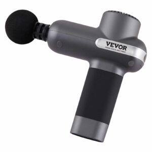 Handheld massage gun with sleek metallic body, cylindrical handle, and soft round foam head attachment, designed for muscle recovery and pain relief